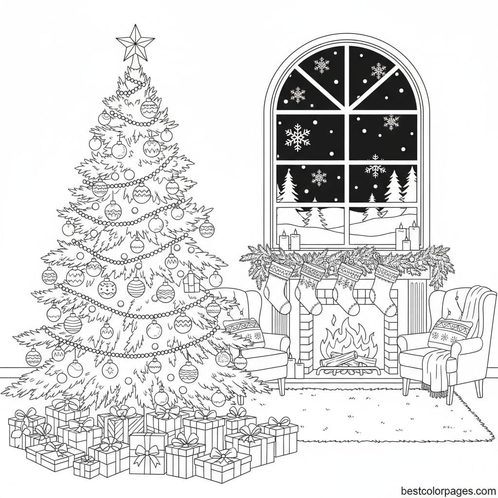 Cozy Christmas Living Room Wonderland - Free Printable Coloring Page
