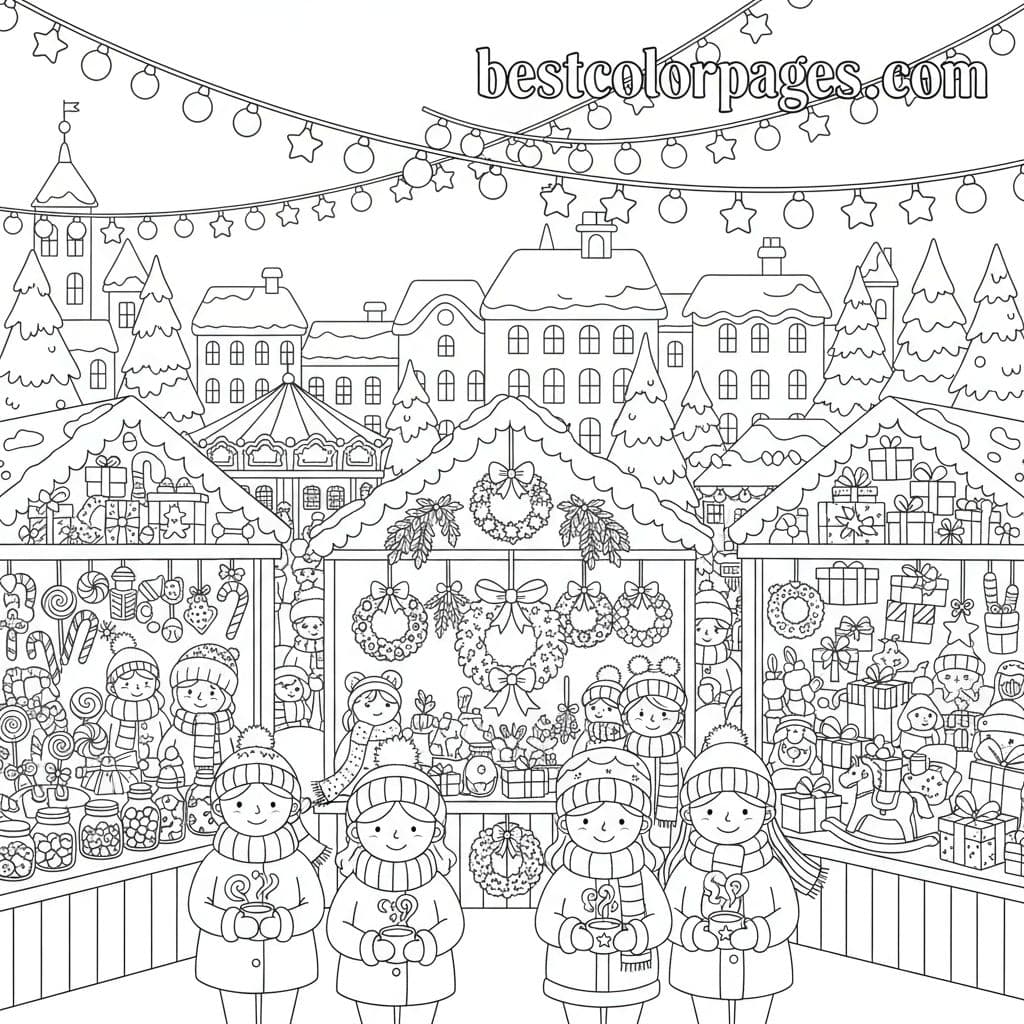 Festive Christmas Market Adventure Awaits - Free Printable Coloring Page