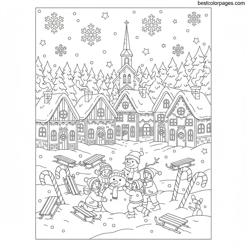 Festive Snowy Village with Cheerful Kids - Free Printable Coloring Page
