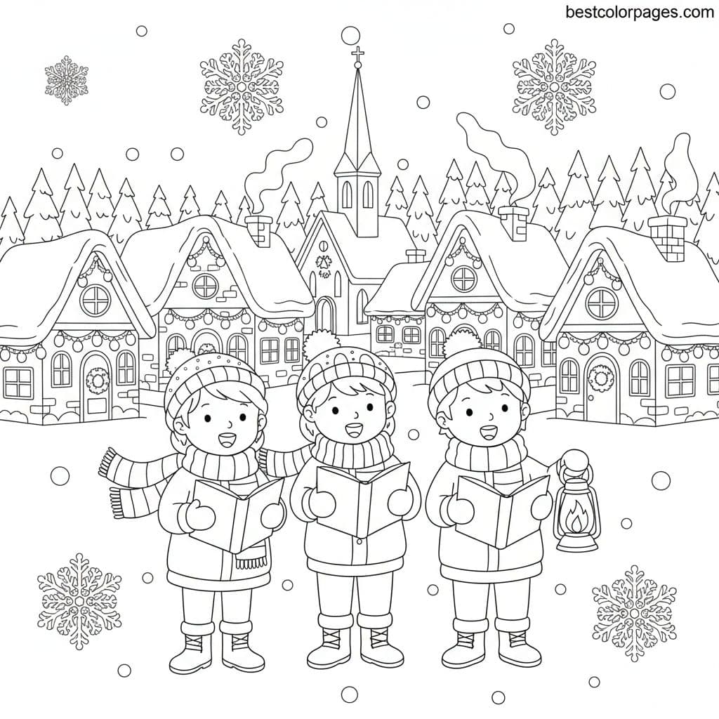 Joyful Carolers in a Winter Wonderland - Free Printable Coloring Page