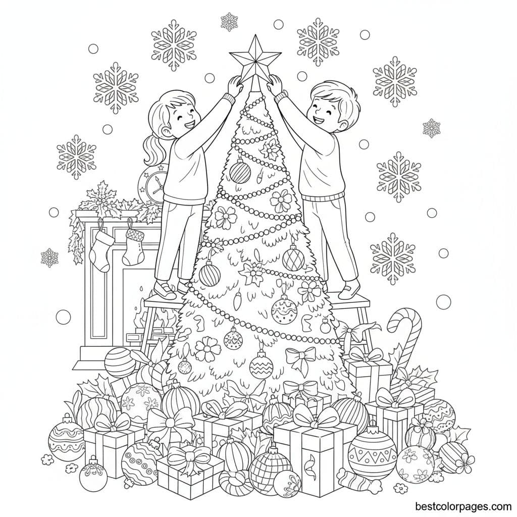 Joyful Kids Deck the Christmas Tree - Free Printable Coloring Page