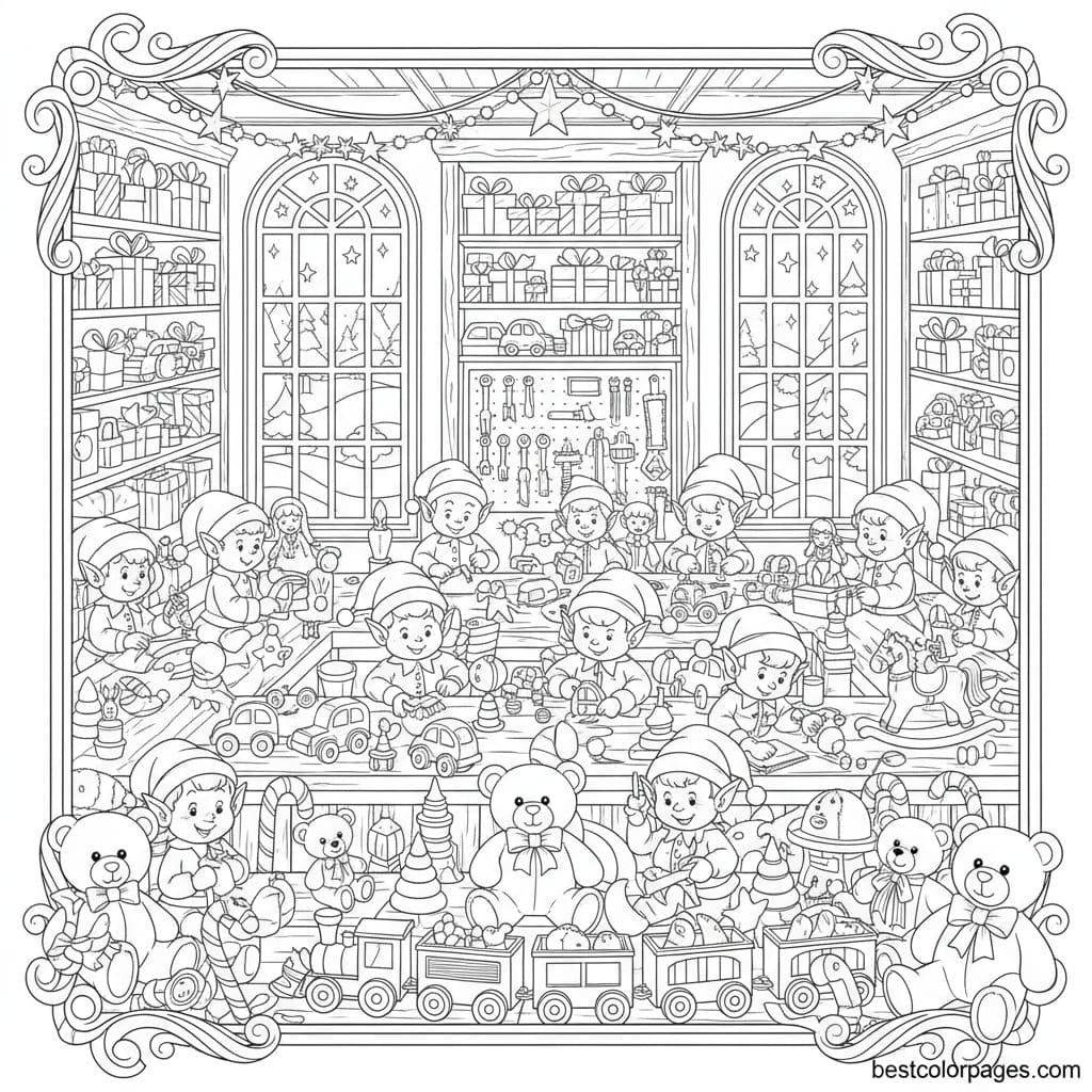 Santa's Workshop Wonderland: Toy-Making Magic - Free Printable Coloring Page