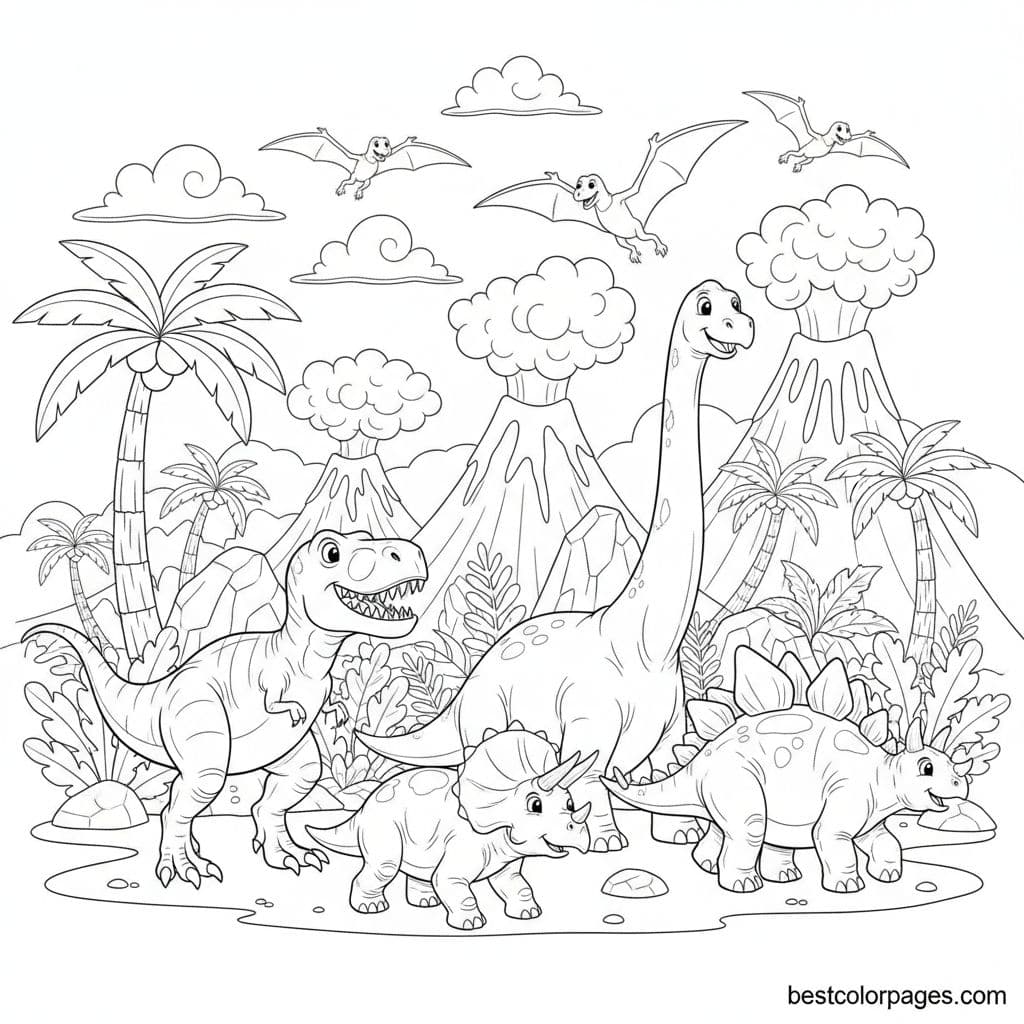 Dino Dance Parade Through Prehistoric Lands - Free Printable Coloring Page