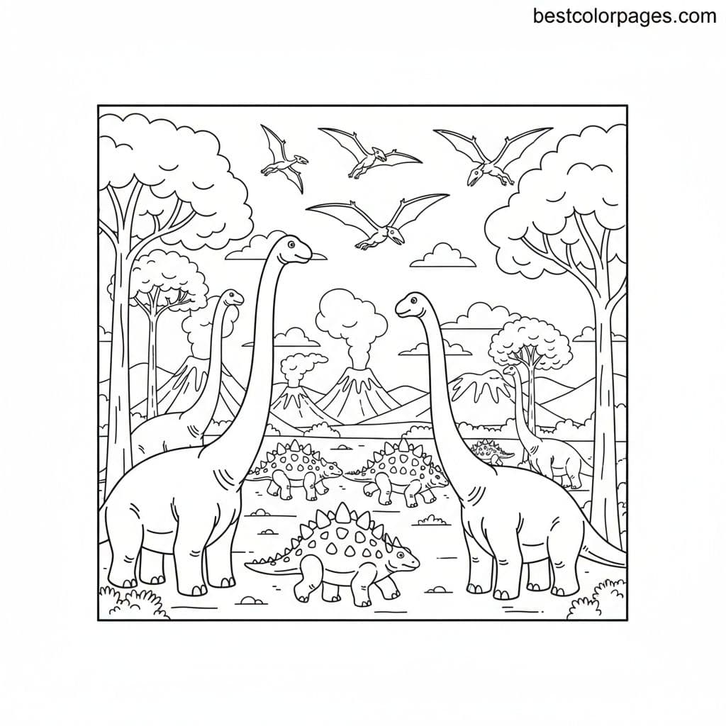 Dino Valley Adventure with Long-Necked Giants - Free Printable Coloring Page