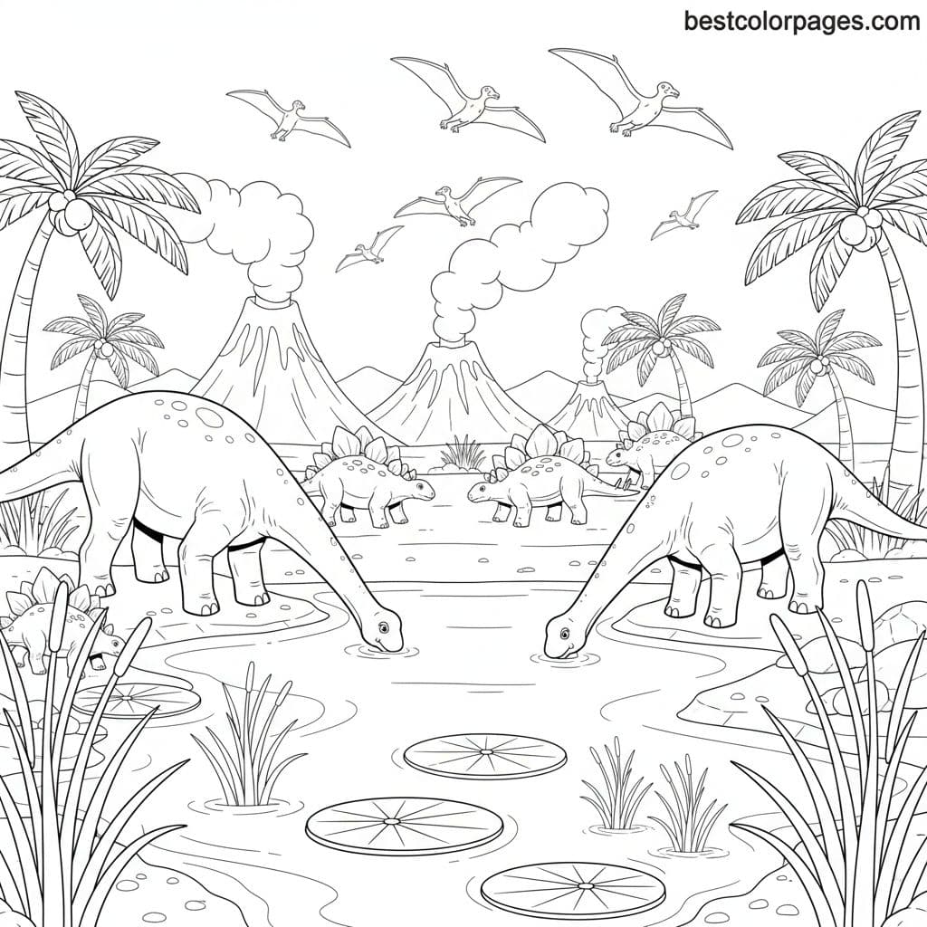 Dinosaur Oasis: Thirsty Giants Gather - Free Printable Coloring Page