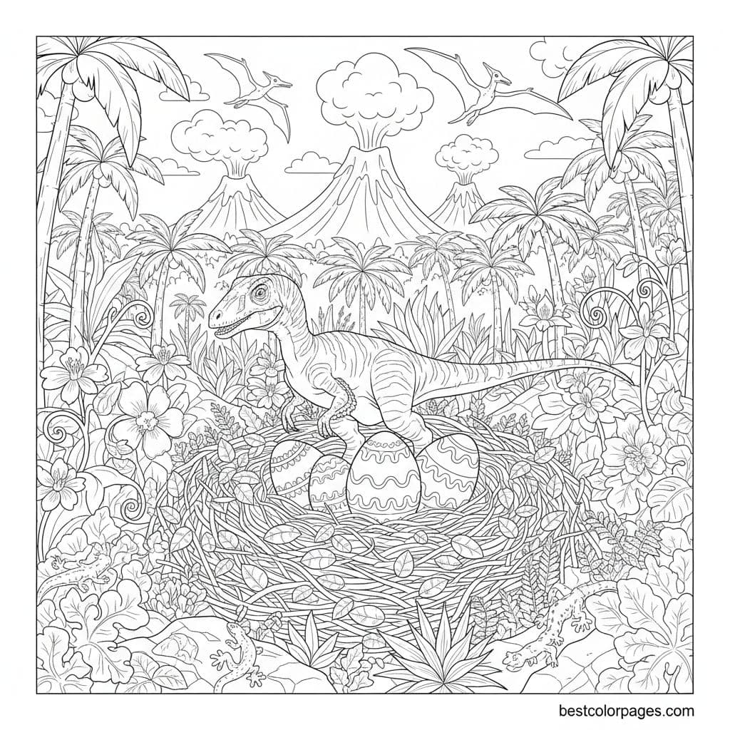 Velociraptor's Egg-citing Nest Adventure - Free Printable Coloring Page