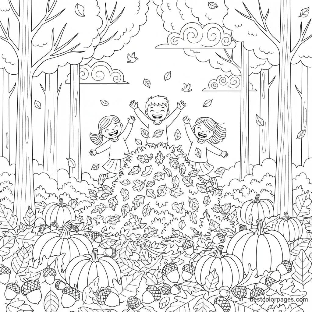 Autumn Adventure in a Leafy Forest - Free Printable Coloring Page