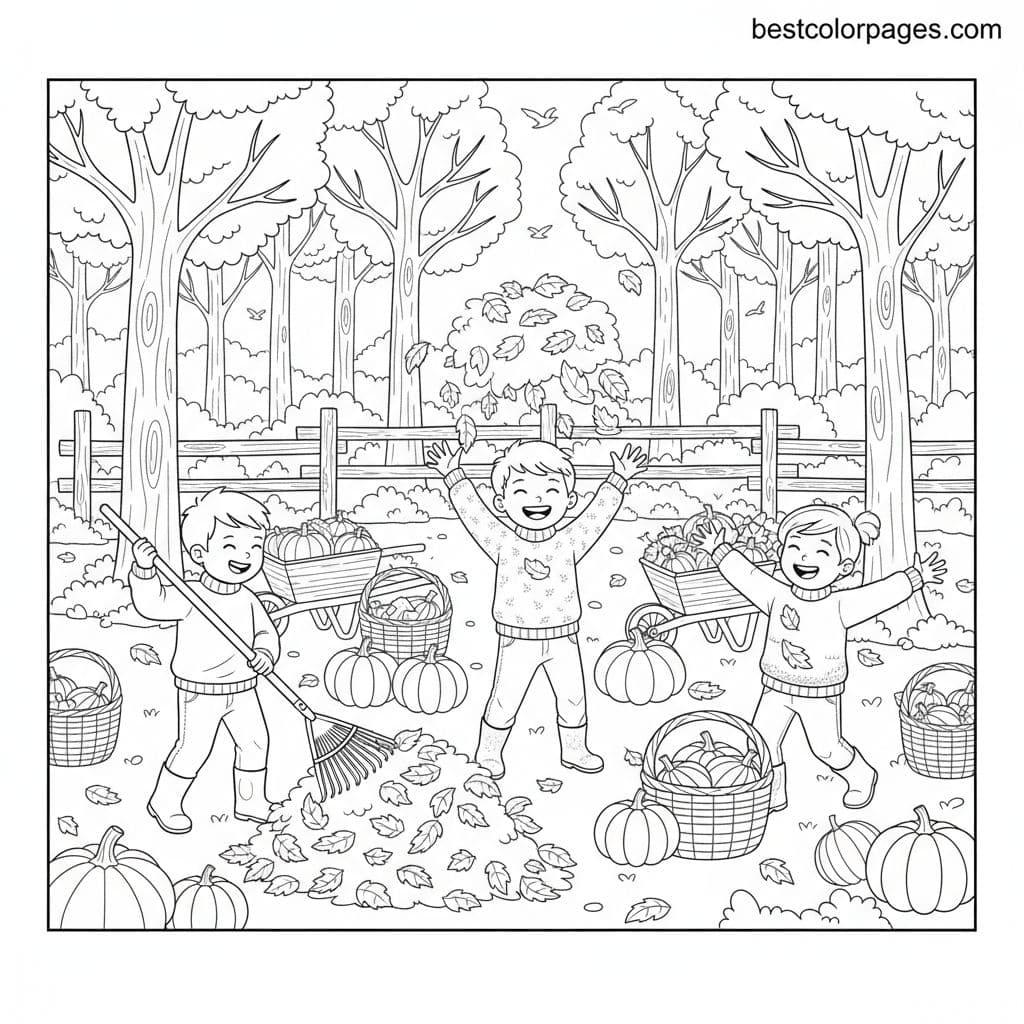 Autumn Adventures: Leafy Laughter and Pumpkins - Free Printable Coloring Page