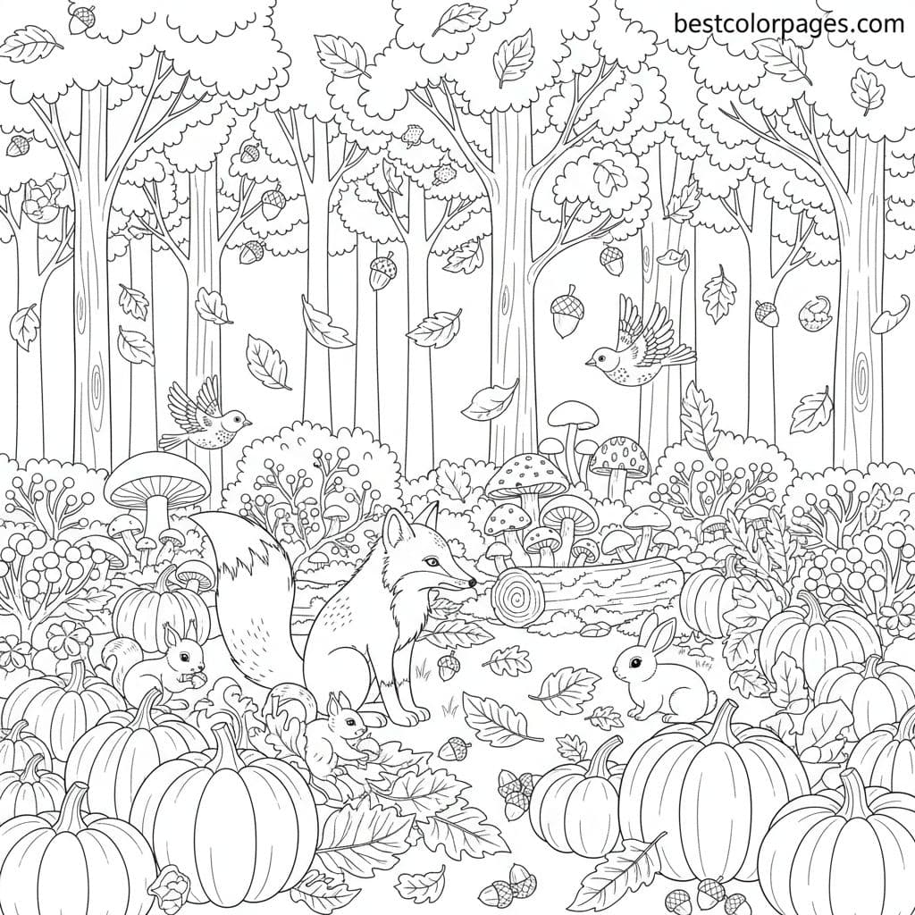 Autumn Animals in a Leafy Forest Adventure - Free Printable Coloring Page