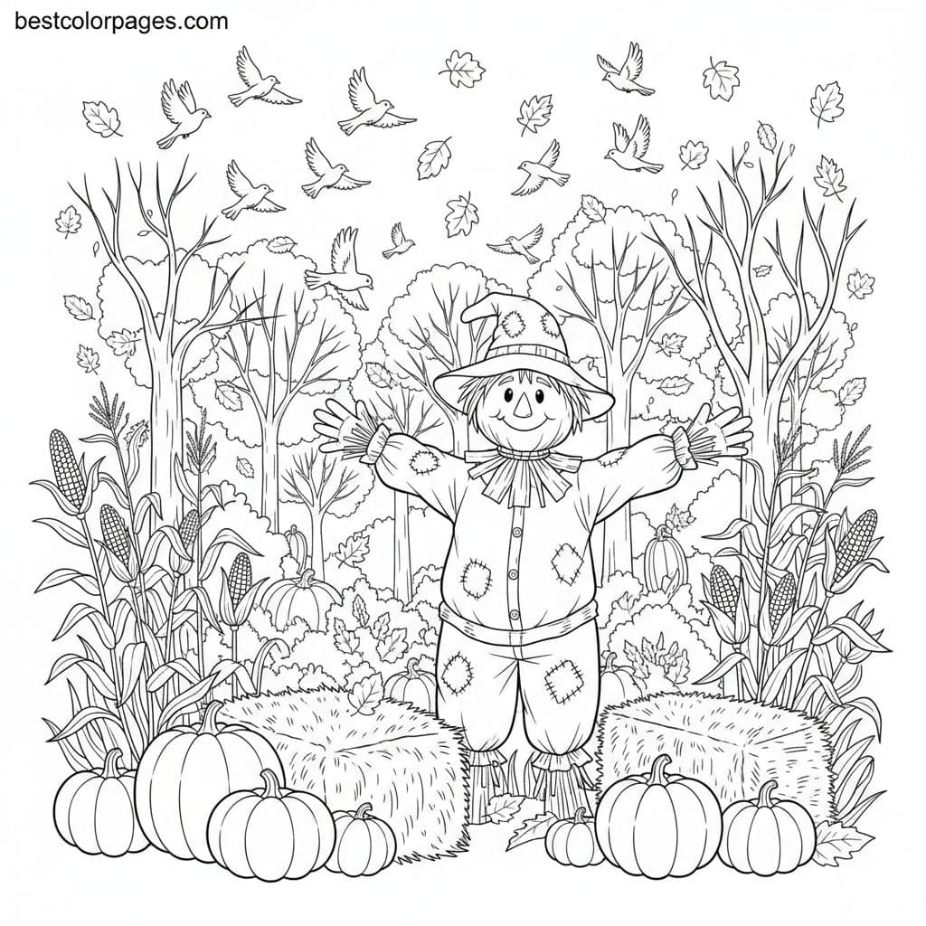 Cheerful Scarecrow's Autumn Adventure Scene - Free Printable Coloring Page