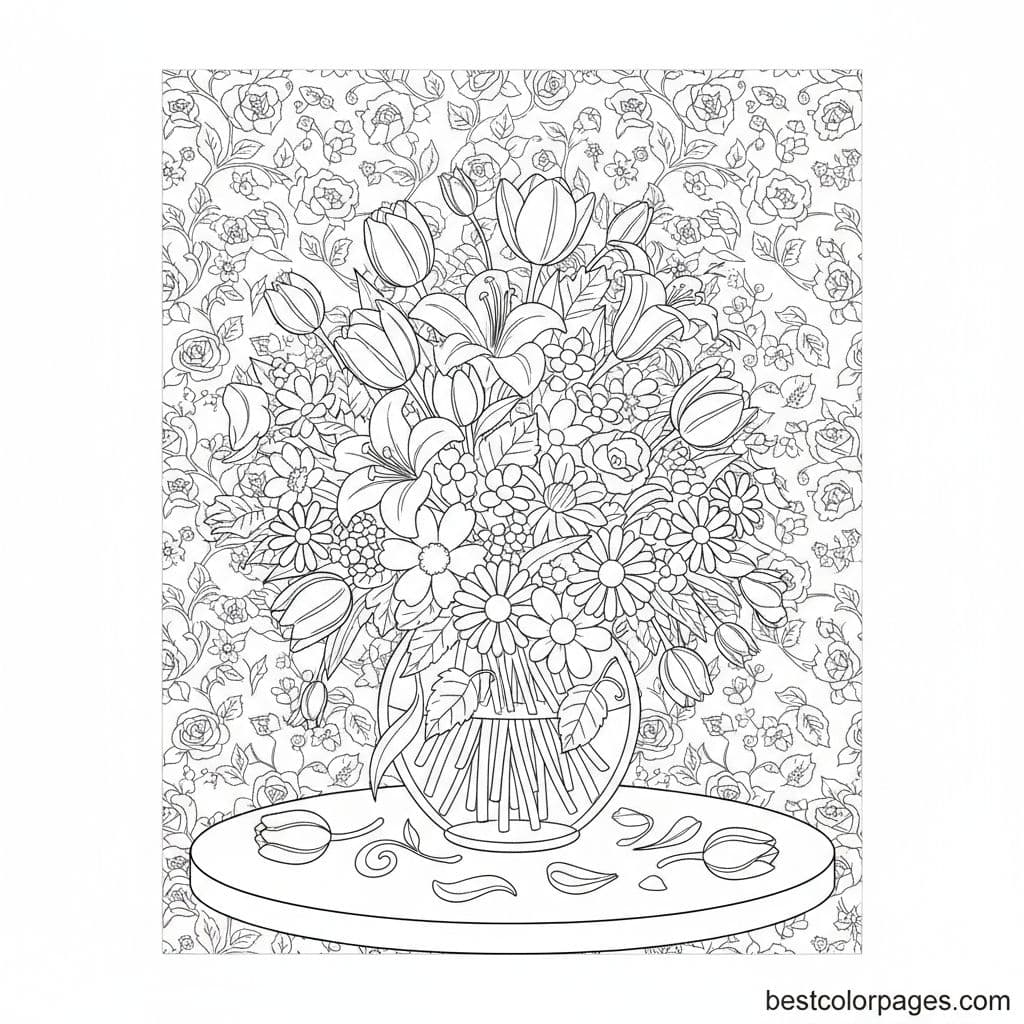 Blooming Bouquet Extravaganza on Tabletop - Free Printable Coloring Page