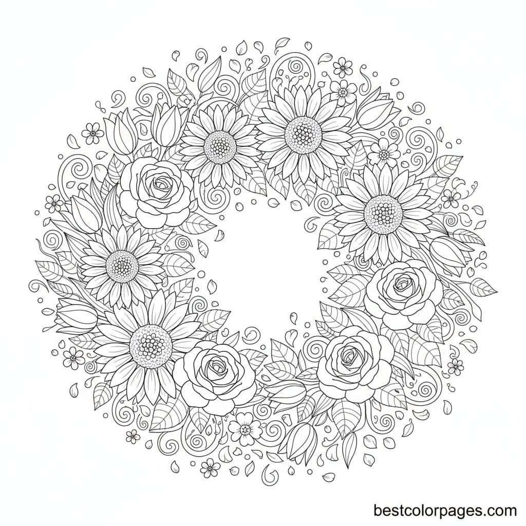Blooming Harmony: Floral Wreath Extravaganza - Free Printable Coloring Page