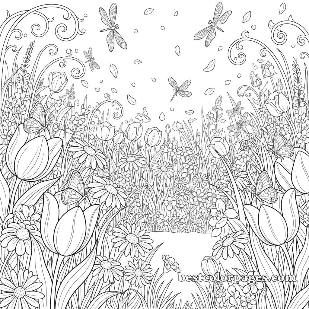 Butterfly Bonanza in a Blooming Meadow - Free Printable Coloring Page