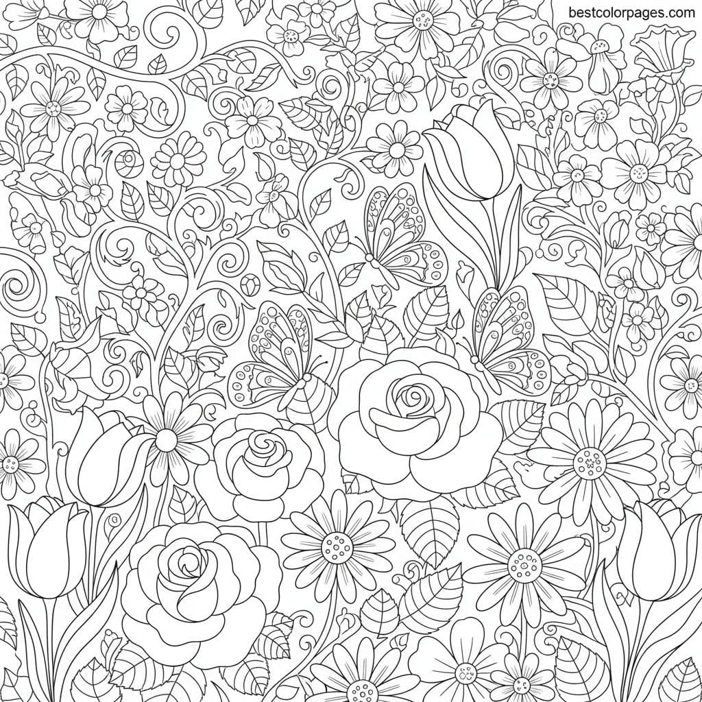 Butterfly Paradise in Blooming Garden - Free Printable Coloring Page