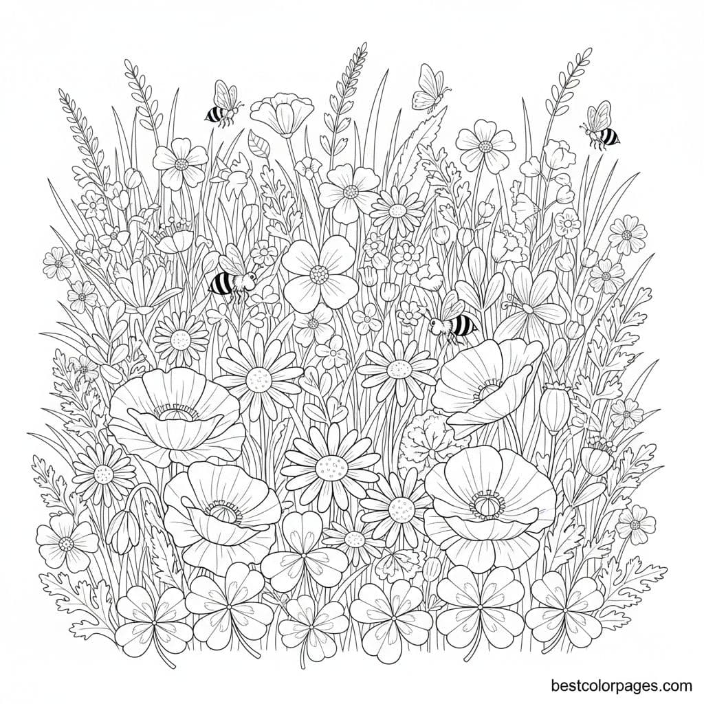 Buzzing Meadow of Wildflower Wonders - Free Printable Coloring Page