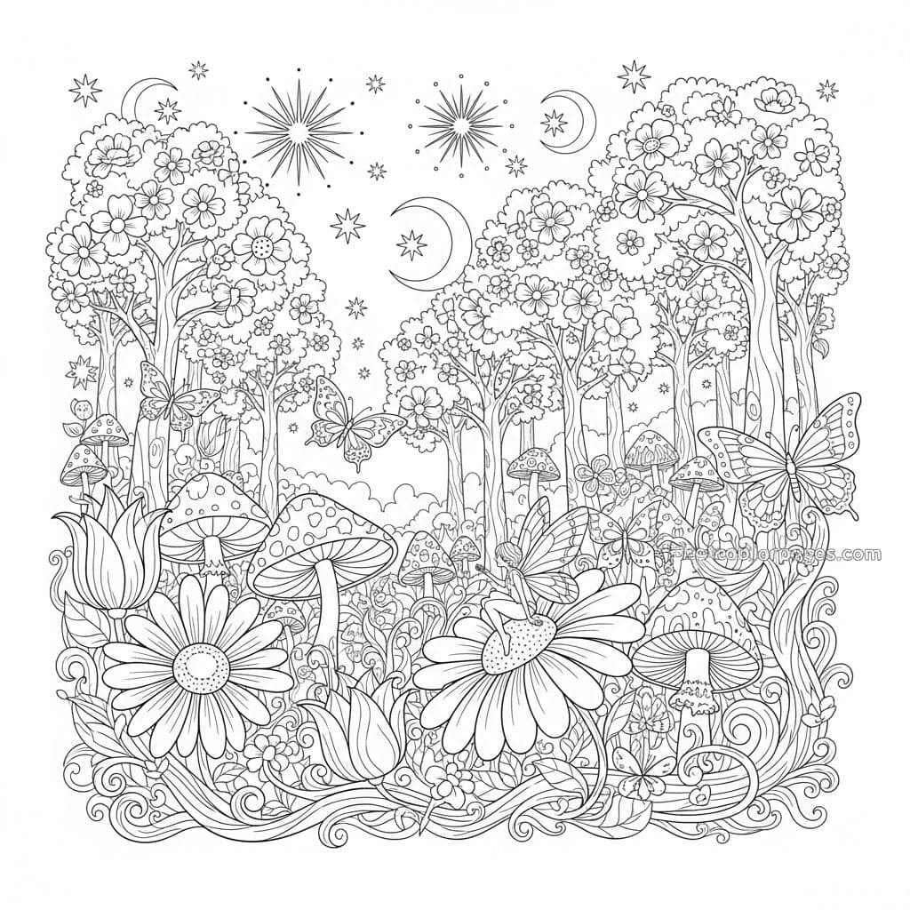 Fairy Wonderland in Blooming Paradise - Free Printable Coloring Page