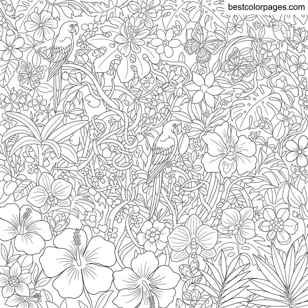 Jungle of Tropical Flowers and Creatures - Free Printable Coloring Page