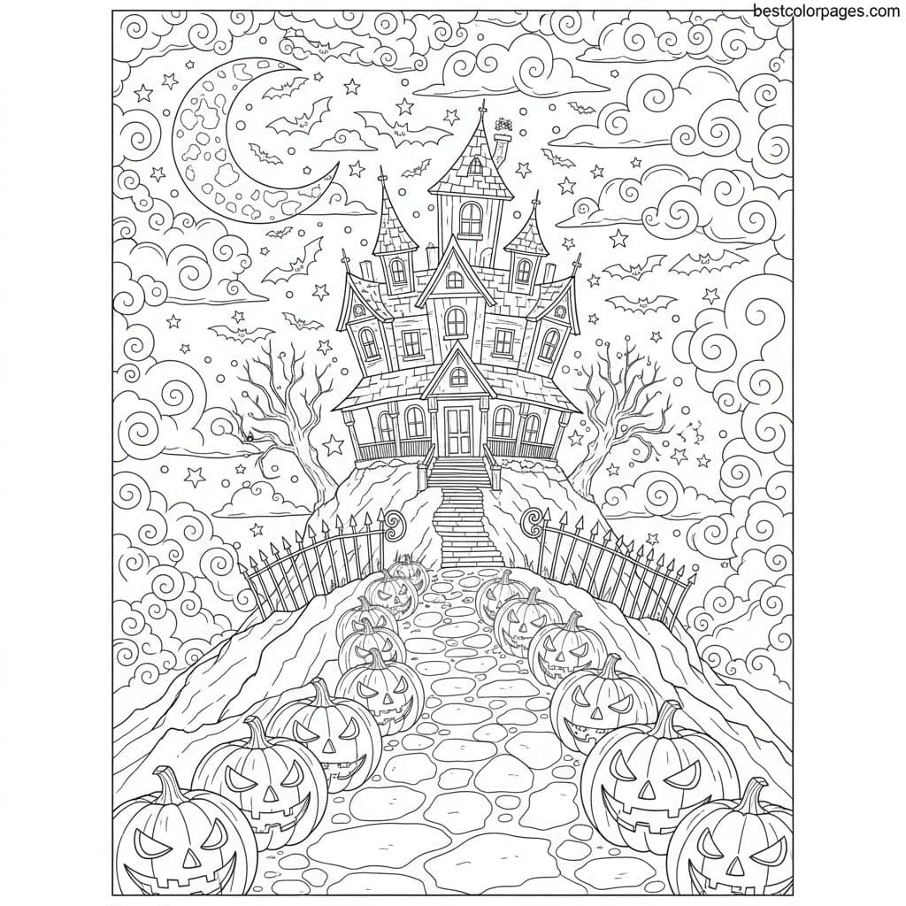 Eerie Hilltop Haunted House Adventure - Free Printable Coloring Page