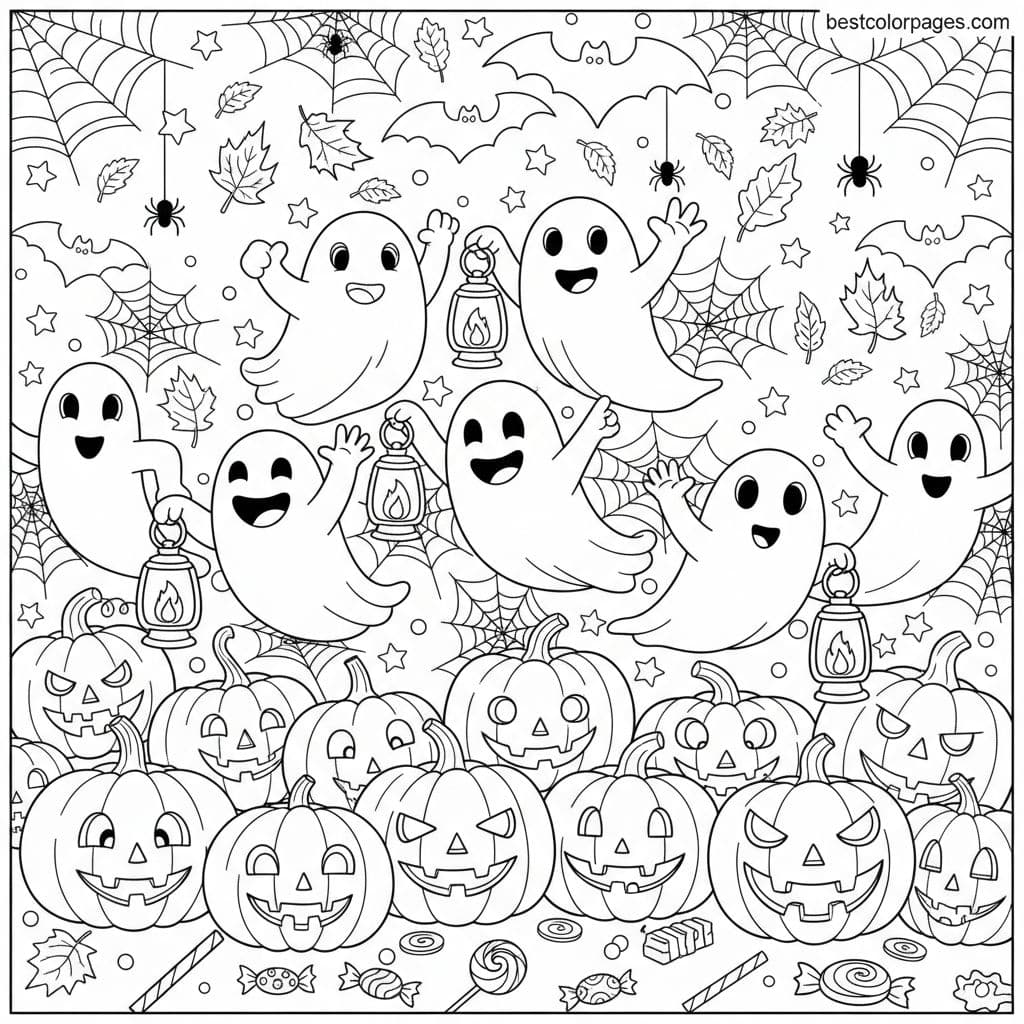 Friendly Ghosts and Halloween Harvest Fun - Free Printable Coloring Page
