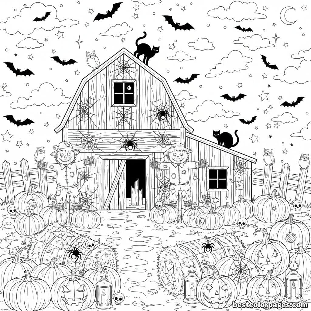 Spooky Harvest Barn Adventure Awaits - Free Printable Coloring Page
