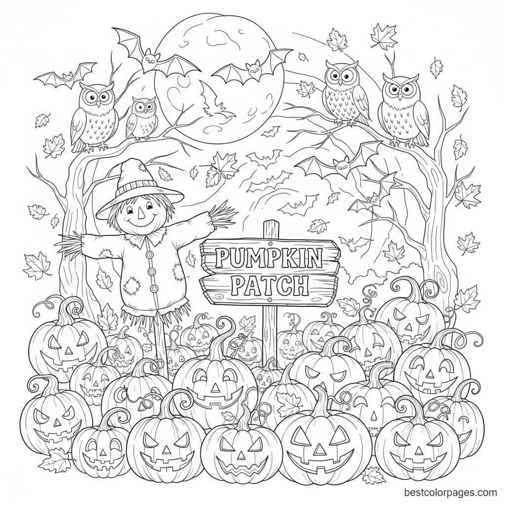 Spooky Night in the Pumpkin Patch - Free Printable Coloring Page
