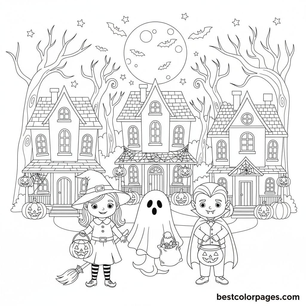 Spooky Night Trick-or-Treat Adventure - Free Printable Coloring Page