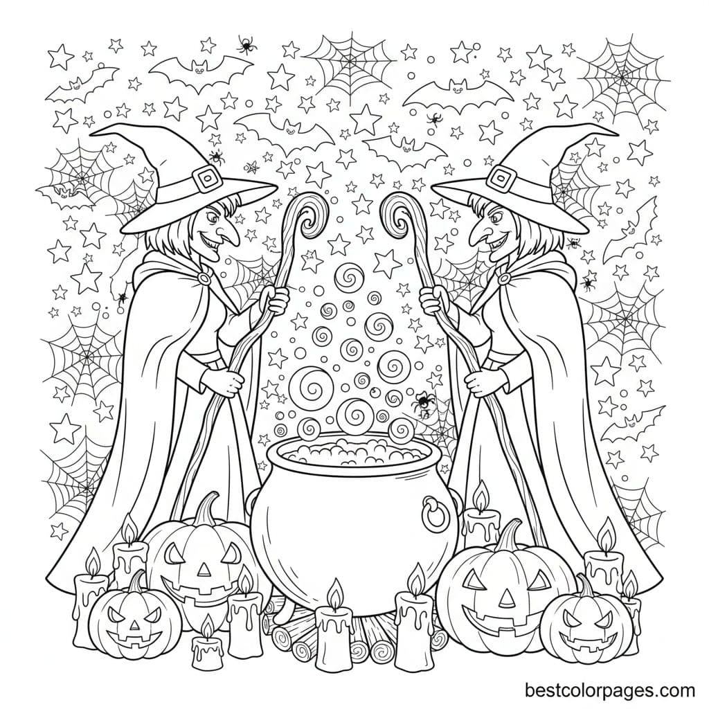 Witches Stirring a Magical Brew Adventure - Free Printable Coloring Page