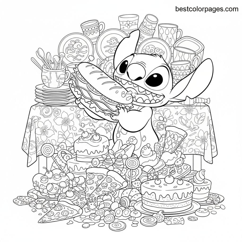 Stitch's Epic Food Feast Adventure - Free Printable Coloring Page