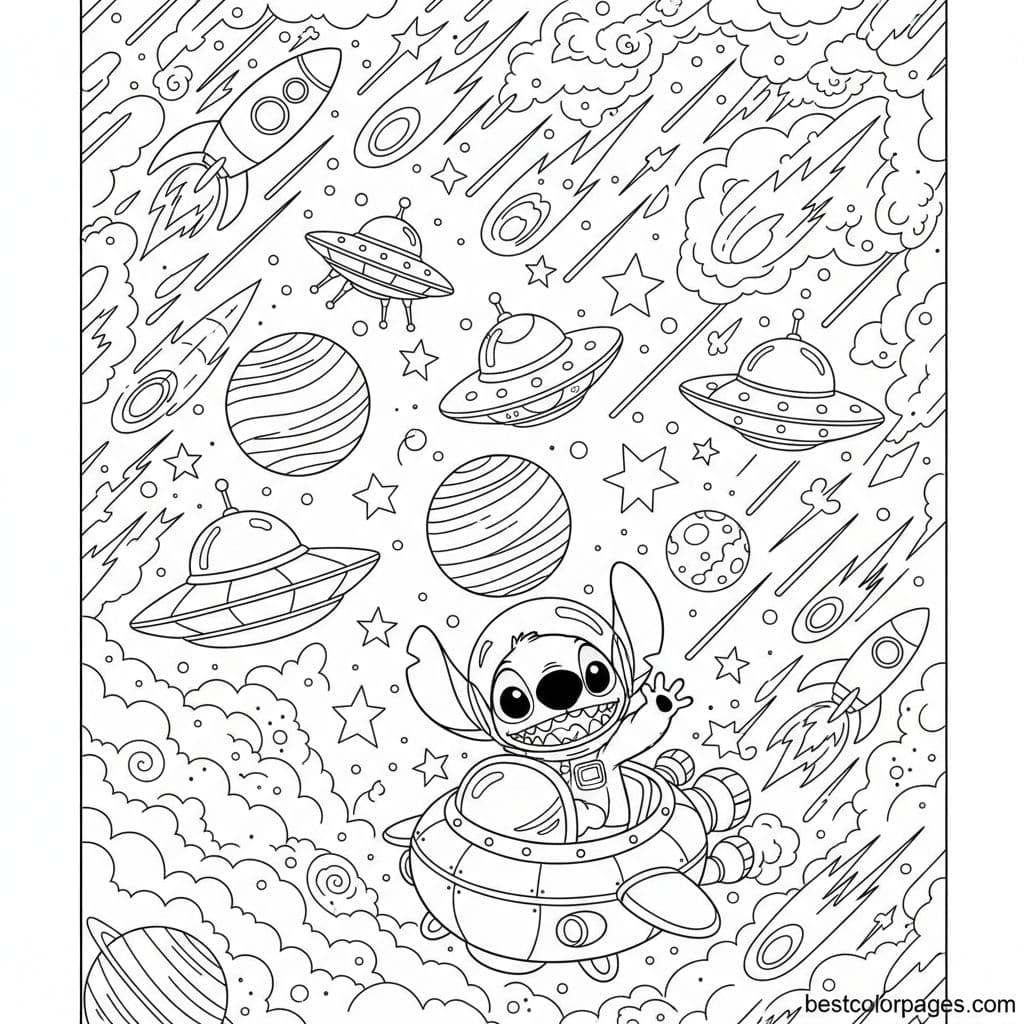 Stitch's Galactic Space Adventure Extravaganza - Free Printable Coloring Page