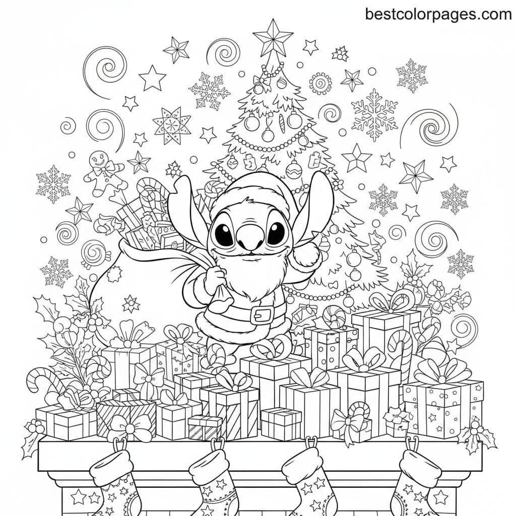 Stitch's Santa Surprise Adventure - Free Printable Coloring Page