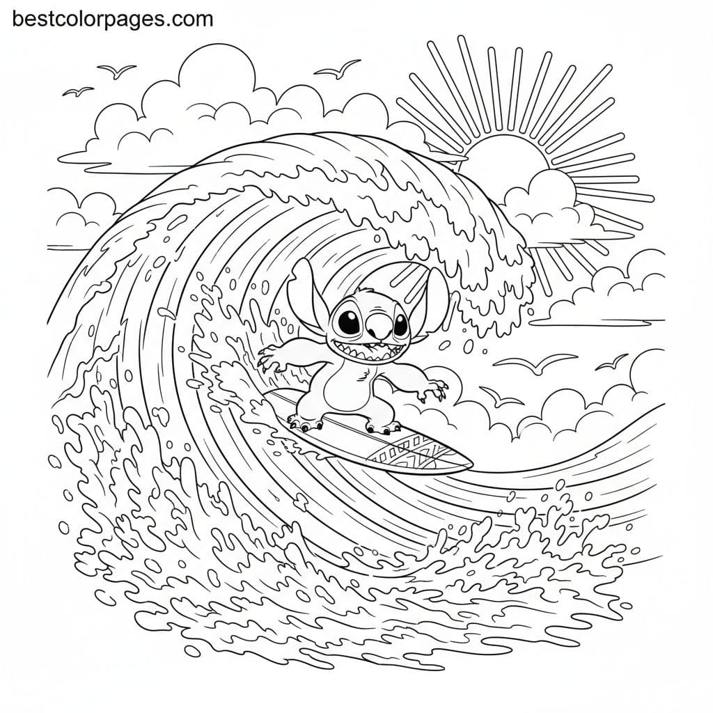 Surf's Up with Stitch Riding Waves - Free Printable Coloring Page